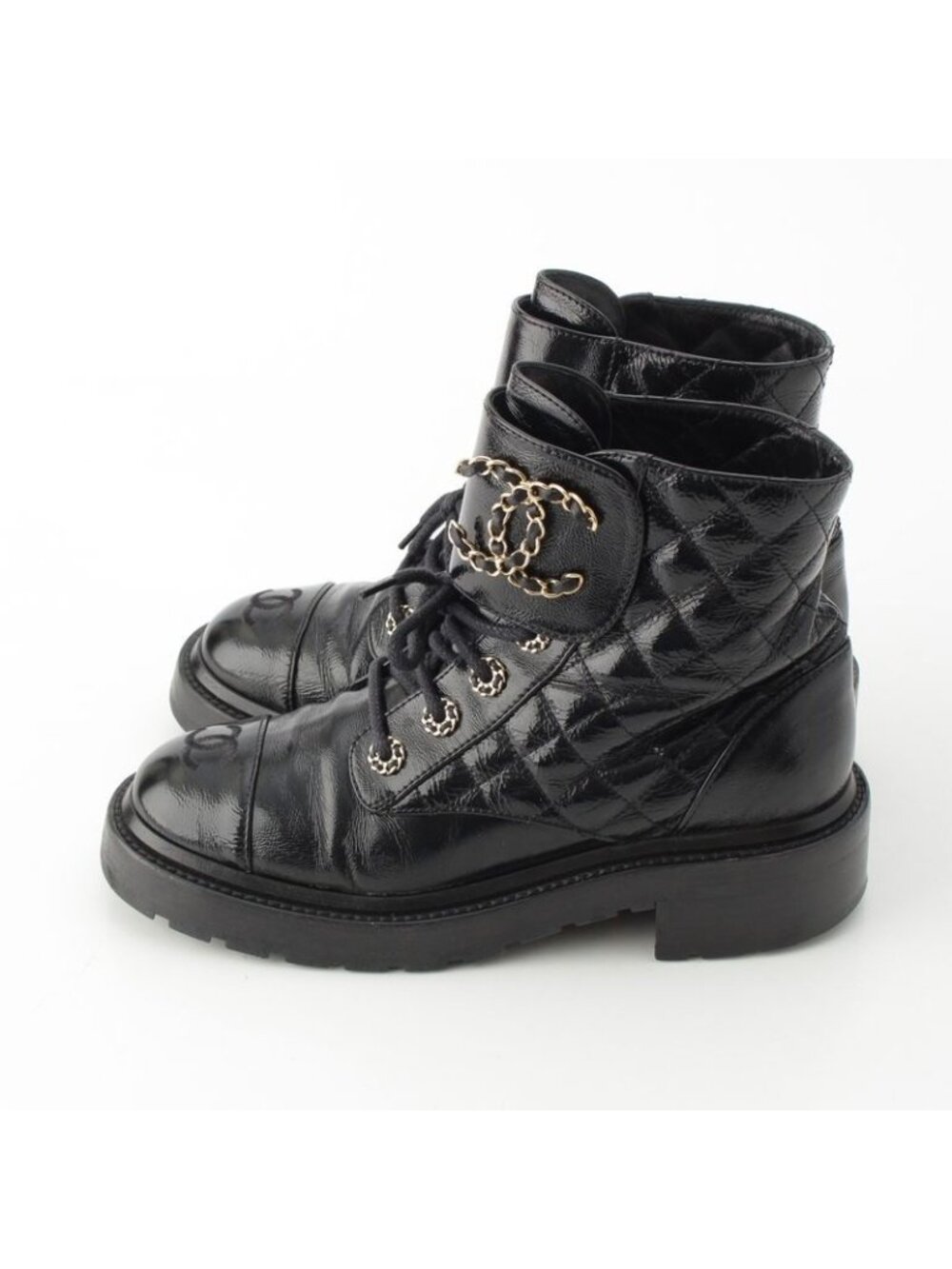 Chanel Leather CC Logo Lace Up Mountain Short Boots Shoes Black 37.5 - Picture 3 of 10